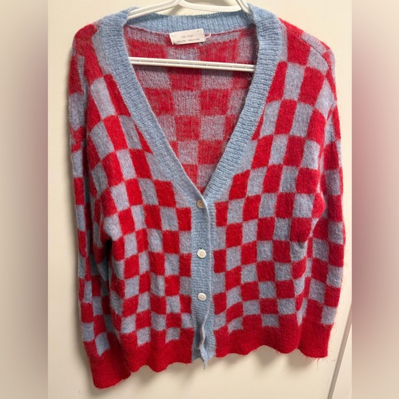OAK + FORT Sweaters - OAK + FORT Red and Blue Checkered Cardigan